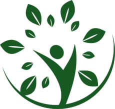 Green tea leaves and human figure symbolizing health and longevity