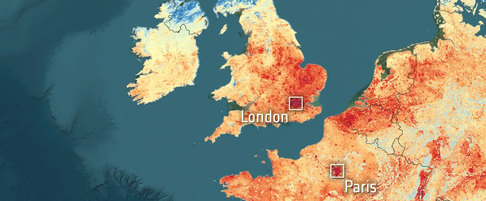 Map of Europe showing high temperatures in the UK and France, with London and Paris highlighted.